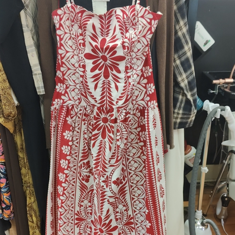 Francesca's Collections Red and White Strapless Floral Midi Dress